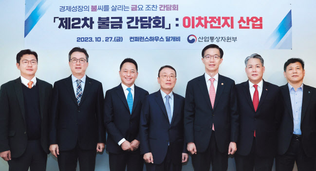 방문규(오른쪽 세번째) 산업통상자원부 장관이 27일 서울 중구 컨퍼런스하우스 달개비에서 열린 ‘이차전지 소재 공급망 강화 방안 논의를 위한 제2차 불금 간담회’를 주재한 후 참석자들과 기념촬영을 하고 있다. [산업통상자원부 제공]