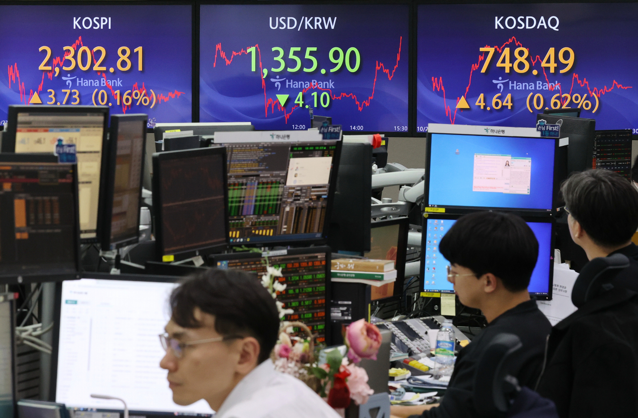 지난 27일 오후 서울 중구 하나은행 딜링룸에서 직원들이 업무를 보고 있다. 이날 코스피는 전 거래일보다 3.73포인트(0.16%) 오른 2302.81로 장을 마쳤다. 원·달러 환율은 4.10원 하락한 1355.90원으로 장을 마감했다. 연합뉴스