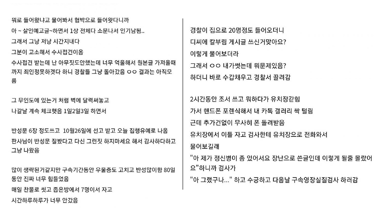 온라인 커뮤니티 디시인사이드에 올라온 '흉기난동 예고글' 작성자의 수감 후기.