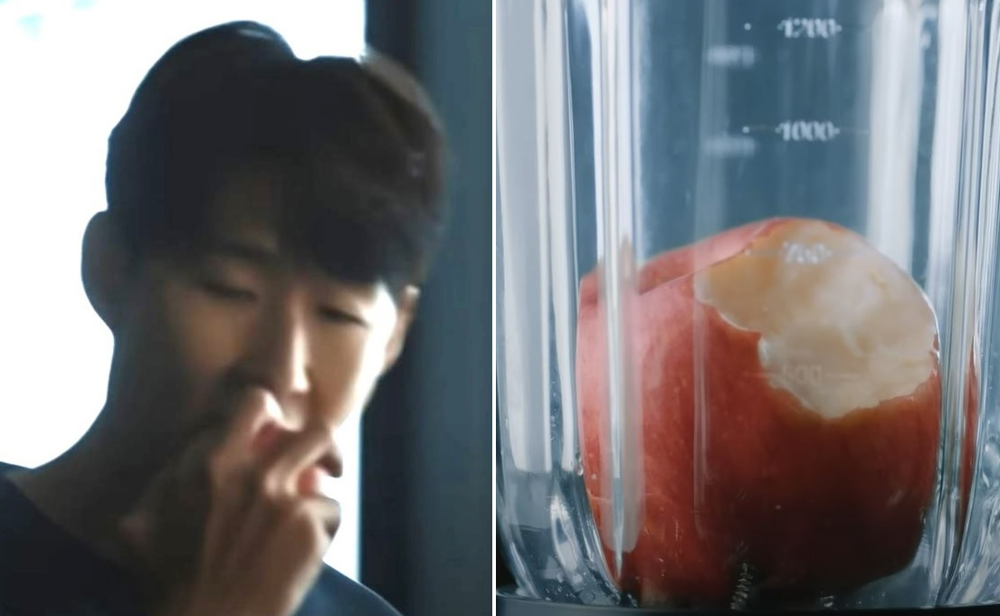 삼성 갤럭시 브랜드 앰배서더인 축구선수 손흥민이 갤럭시워치6를 착용한 채 사과를 한입 베어 물고, 믹서기로 갈아 버린다. [삼성전자 공식 유튜브 채널]