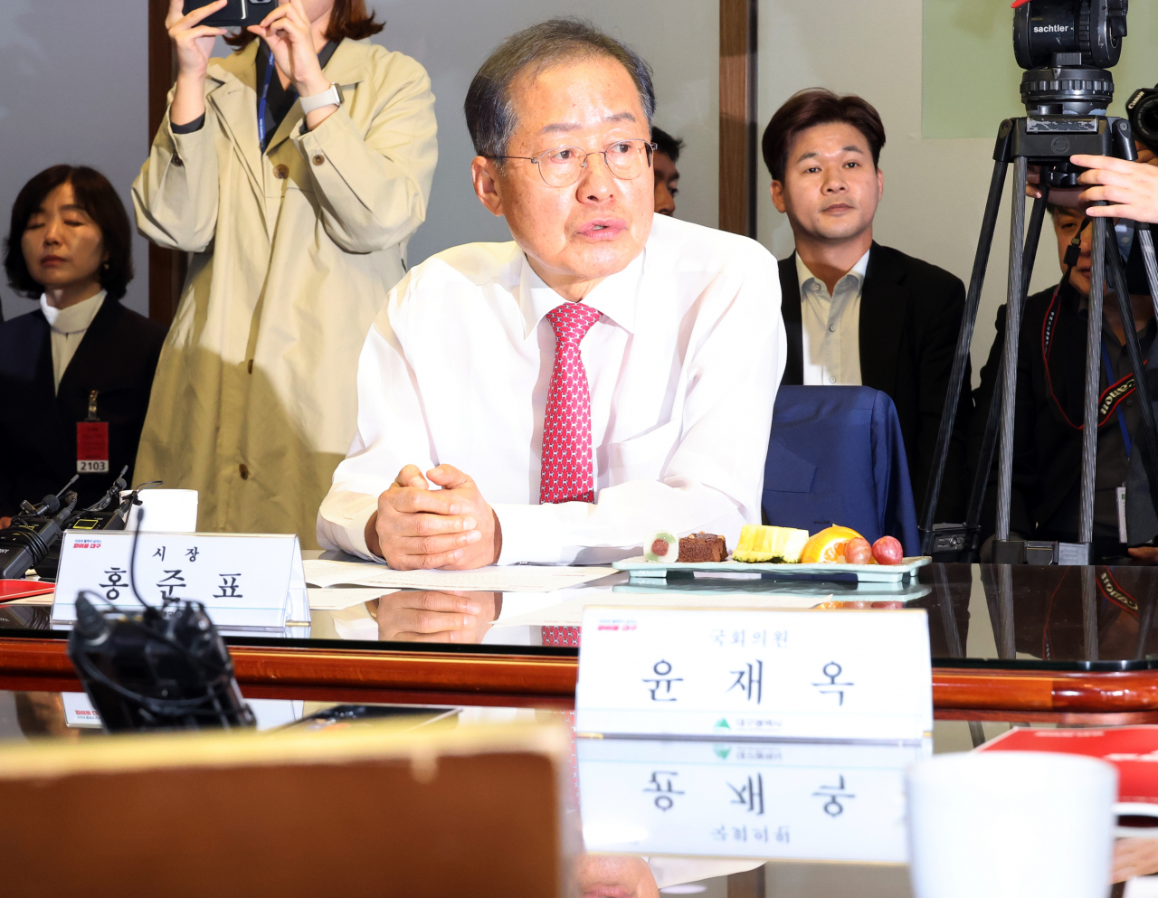 홍준표 대구시장이 지난달 30일 국회에서 열린 국민의힘-대구광역시 예산정책협의회에서 발언하고 있다. [연합]
