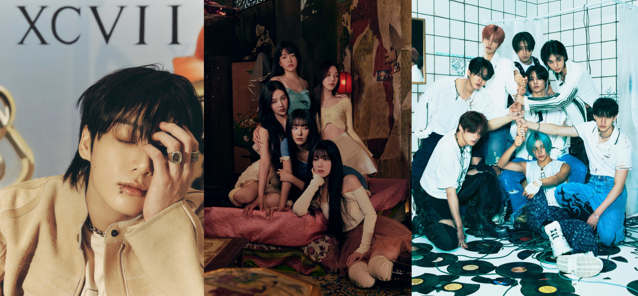 From left: Jungkook's "Golden" (Big Hit Music); Red Velvet's "Chill Kill" (SM Entertainment); Stray Kids's "Rock-Star." (JYP Entertainment)