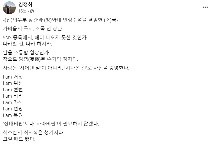 김정화 전 민생당 대표(전 대통령직인수위원회 상임 자문위원) 페이스북 캡처.