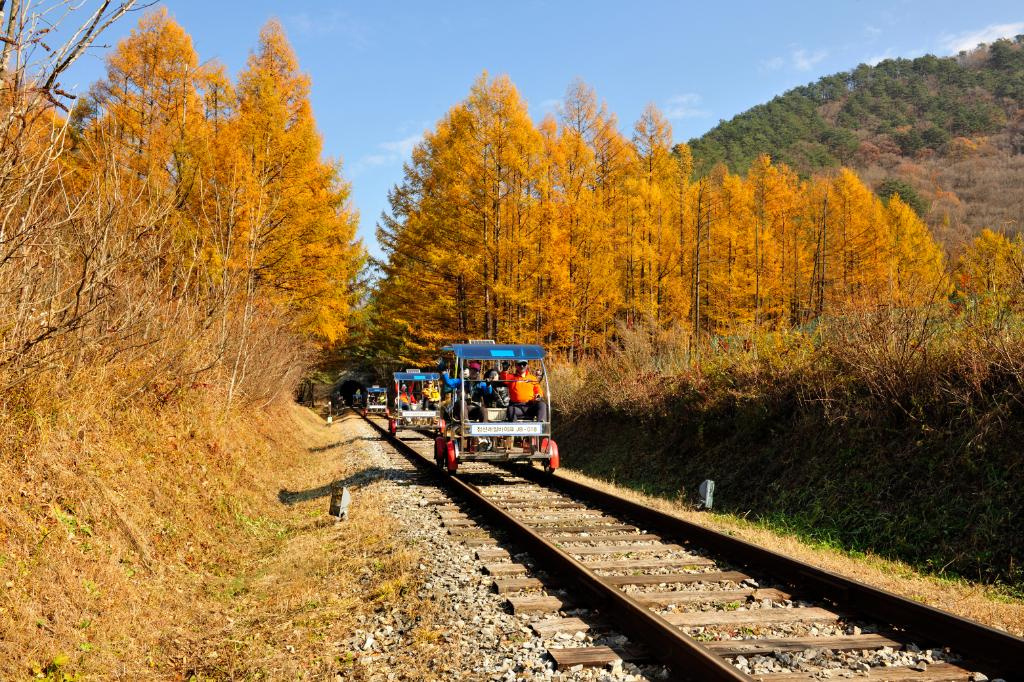 Visitors enjoy the Jeongseon Railbike in Jeongseon, Gangwon Province. (Jeongseon County)