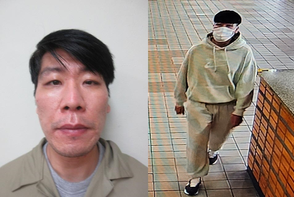 수배 중인 특수강도 피의자 김길수(36)의 사진. 왼쪽은 이달 2일 서울구치소 입소 당시 모습. 오른쪽은 4일 오후 4시 44분께 포착된 모습. [연합]