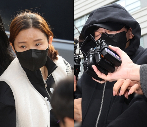 전청조씨의 사기 공범 혐의를 받는 전 펜싱 국가대표 남현희씨가 8일 오전 조사를 받기 위해 서울 송파경찰서로 들어서고 있다(좌). 전씨가 3일 오후 서울동부지법에서 열린 영장실질심사을 마친 뒤 법원을 나서고 있다. [연합]