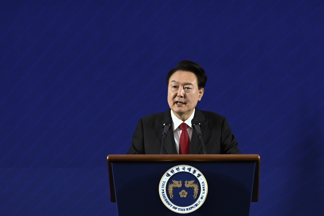 윤석열 대통령이 7일 대구 엑스코에서 열린 2023년 바르게살기운동 전국회원대회에서 축사를 하고 있다. [연합]