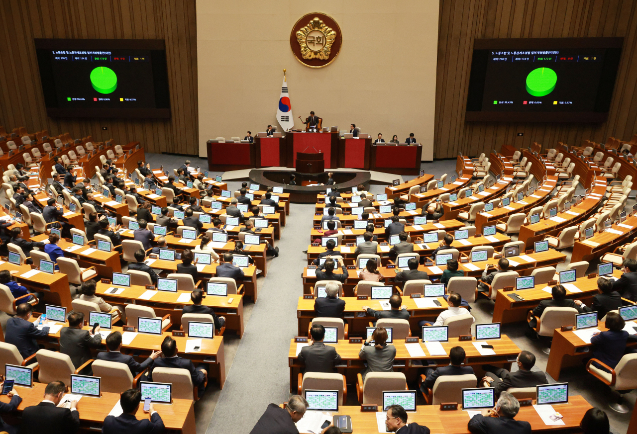 9일 국회에서 열린 본회의에서 노동조합 및 노동관계조정법 일부개정법률안이 가결되고 있다. [연합]