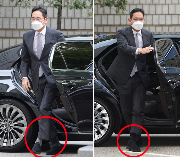 이재용 삼성전자 회장이 지난달 13일(왼쪽)과 27일(오른쪽) 같은 운동화를 신고 서울 서초구 서울중앙지방법원에서 열린 '회계부정·부당합병' 관련 1심 속행 공판에 출석하고 있다. [연합]