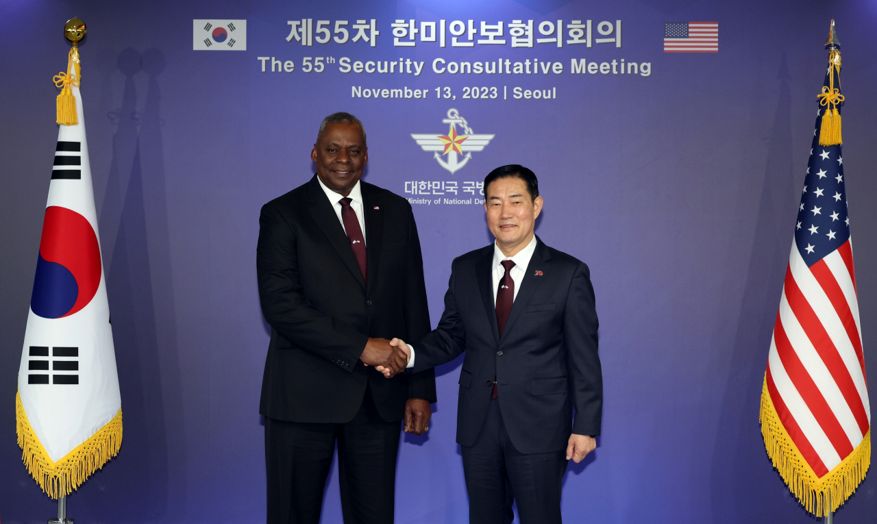 신원식 국방부 장관과 로이드 오스틴 미 국방장관이 13일 서울 용산 국방부 청사에서 제55차 한미안보협의회의(SCM)를 개최했다. [국방부 제공]