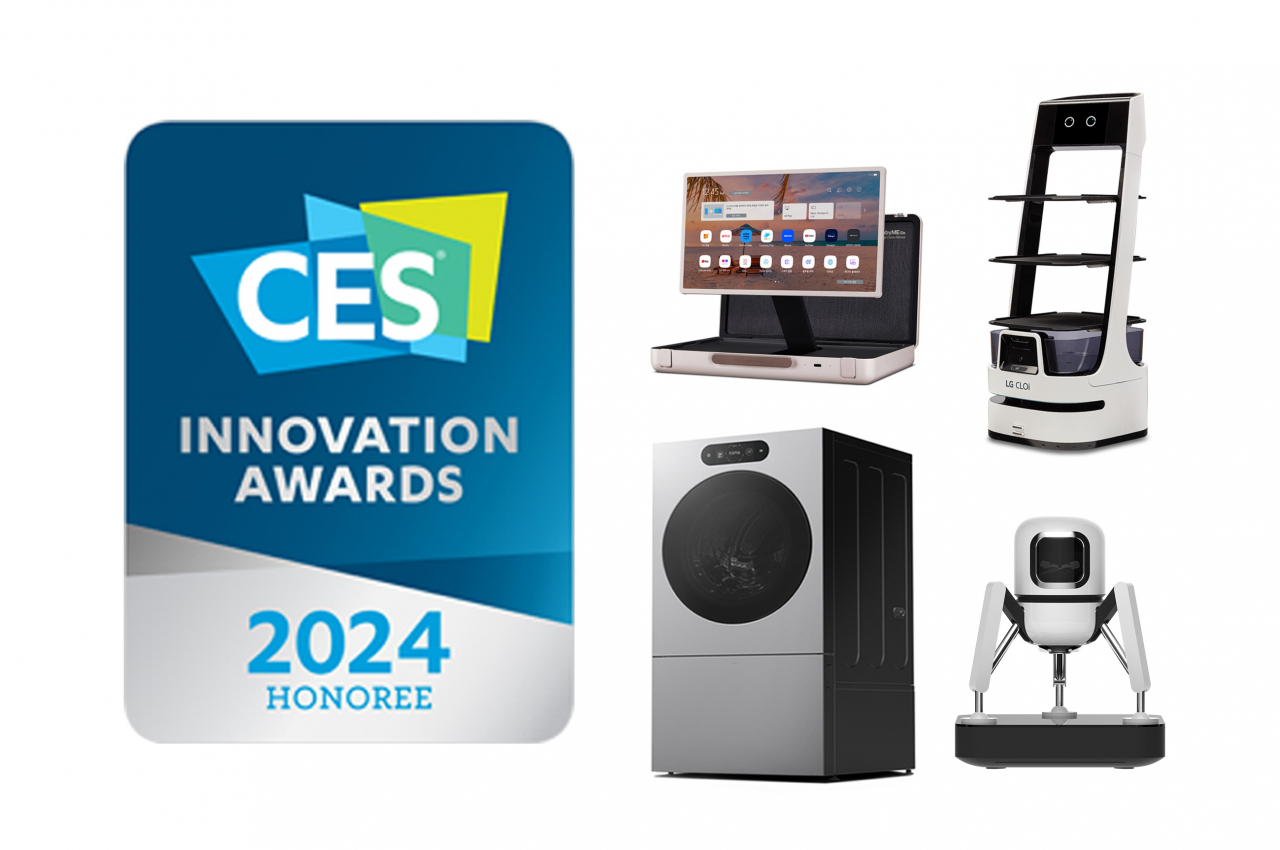 'CES 2024 혁신상'을 수상한 LG 스탠바이미 Go, LG 클로이 서브봇, 신개념 커피머신 듀오보, LG 시그니처 세탁건조기. [LG전자 제공]
