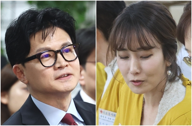 지난 15일 법무부-서울시 범죄피해자 원스톱 솔루션 센터 설치·운영 업무협약식에 참석한 한동훈(왼쪽) 장관과 같은 날 적십자 ‘2023 사랑의 선물’ 제작 행사에 참여한 한 장관 부인 진은정 변호사. [연합]