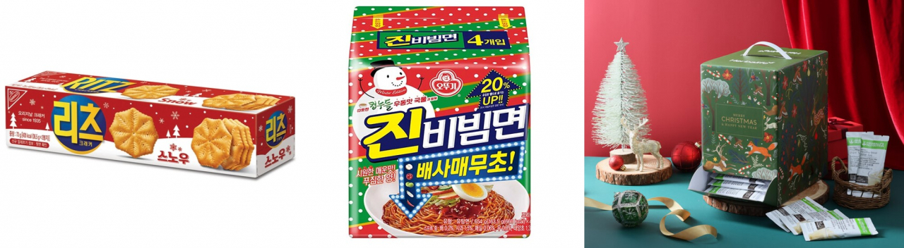 (왼쪽부터) 동서식품 ‘리츠 크래커 스노우’, 오뚜기 ‘진비빔면 윈터에디션’, 한국허벌라이프 ‘F1 크리스마스 패키지’ [각사 제공]