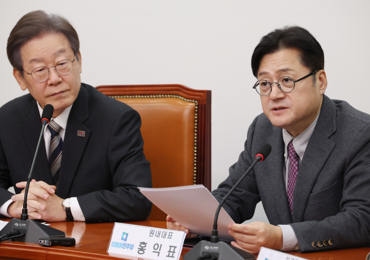 홍익표 더불어민주당 원내대표가 20일 국회에서 열린 최고위원회의에서 발언을 하고 있다. [연합]