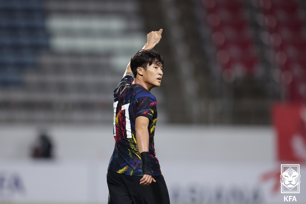 프랑스와 친선경기에서 2골을 터뜨린 정상빈.[축구협회 제공]