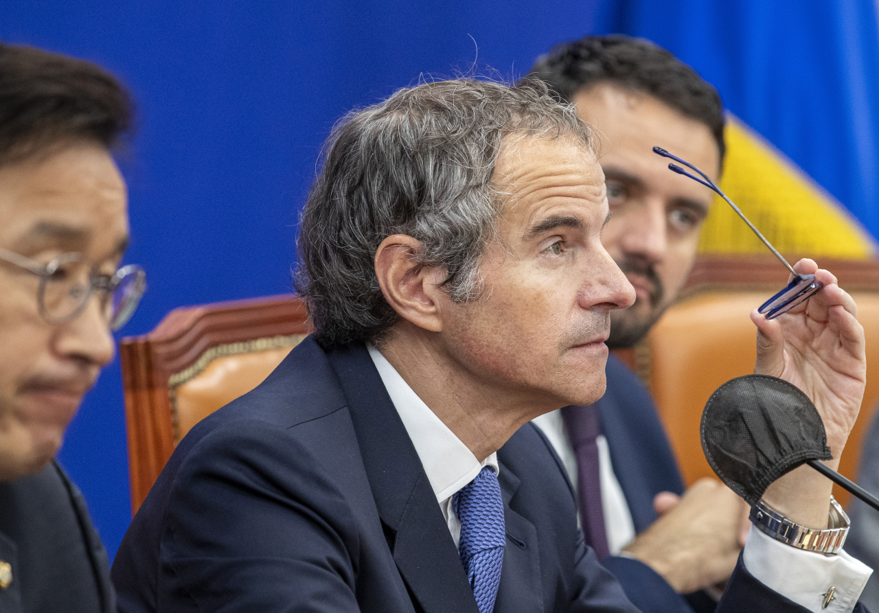 This photo, taken on July 9, shows International Atomic Energy Agency Director General Rafael Grossi speaking during his visit to the National Assembly in Seoul. (Yonhap)