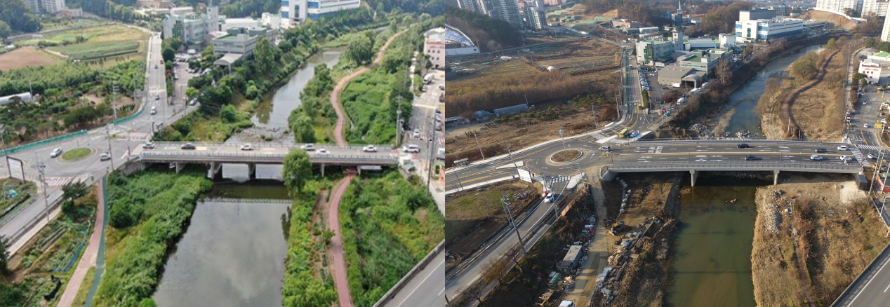 오는 24일 개통하는 왕복4차로의 새 수포교 공사전후 전경