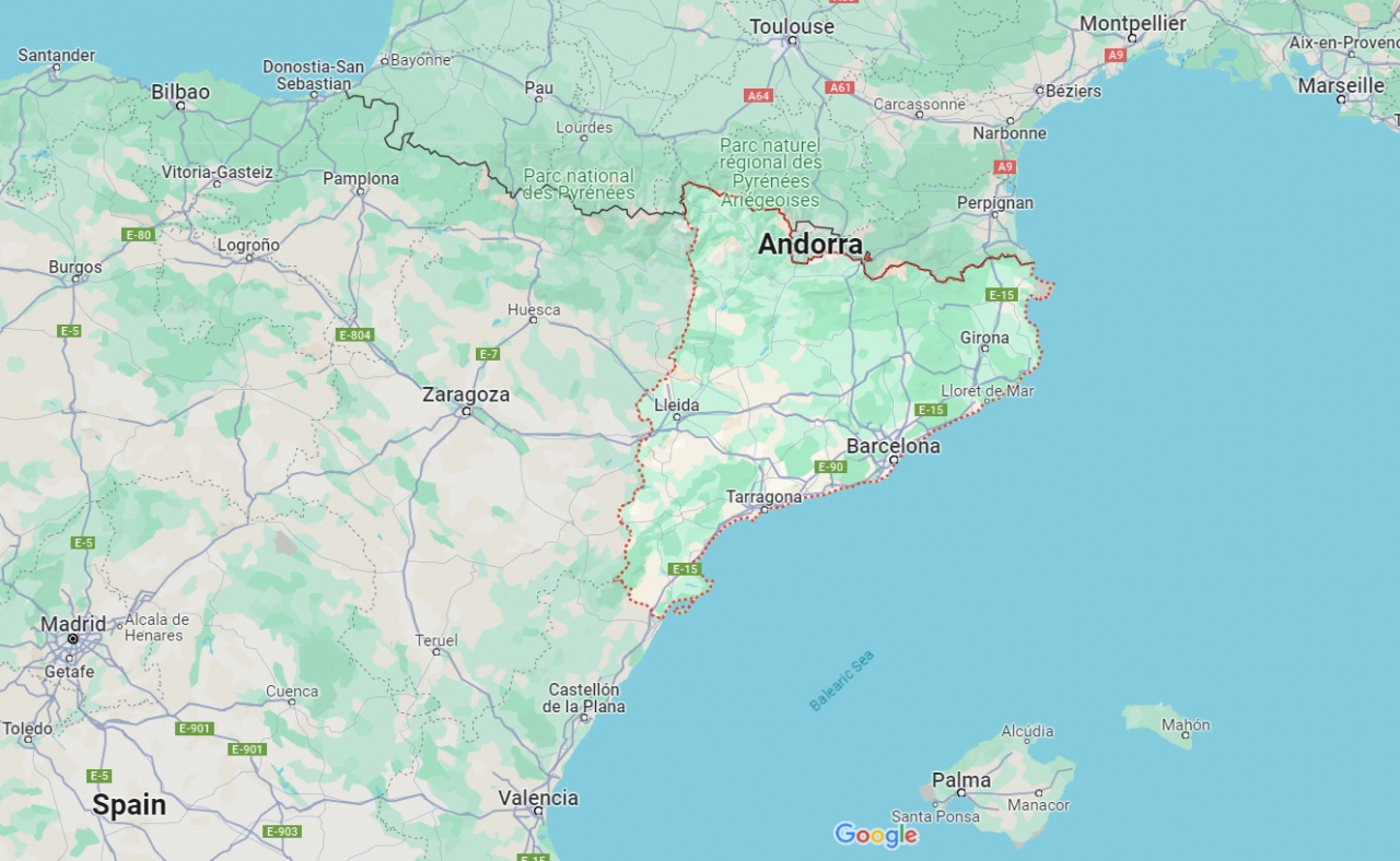 [구글지도] 붉은색 테두리 구역이 카탈루냐.