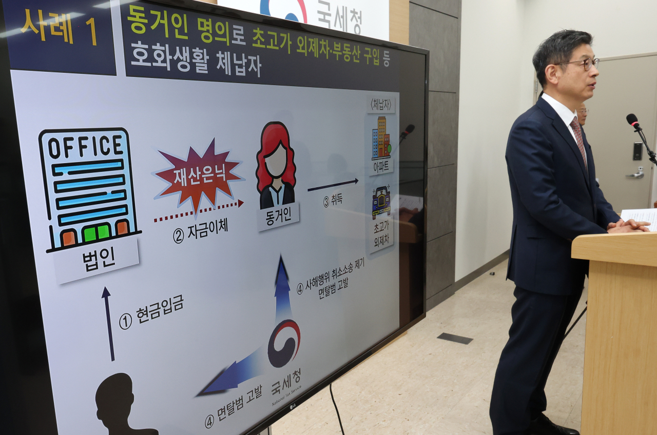 김동일 국세청 징세법무국장이 28일 오전 세종시 정부세종2청사에서 지능적으로 재산을 은닉한 고액 체납자에 대한 집중 추적조사와 관련해 브리핑하고 있다. [연합]