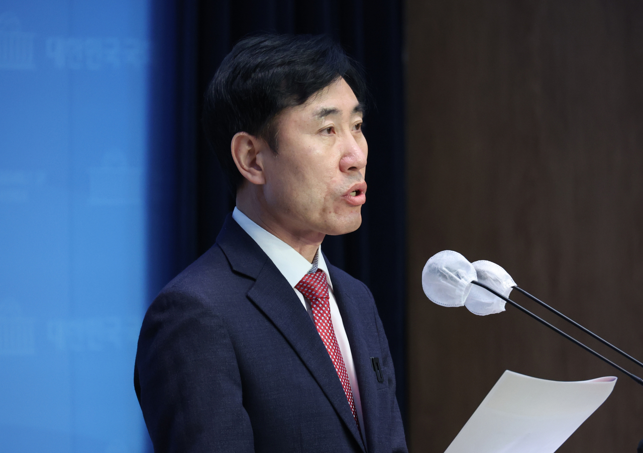 하태경 국민의힘 의원이 27일 국회에서 종로 출마를 선언하고 있다. [연합]