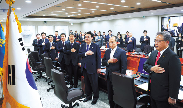 윤석열 대통령이 28일 서울 용산 대통령실 청사에서 열린 국무회의에서 국기에 경례하고 있다. 윤 대통령은 다음주 19개 중 10개 부처 안팎의 장관을 교체하는 인사를 단행할 예정이다. [연합]