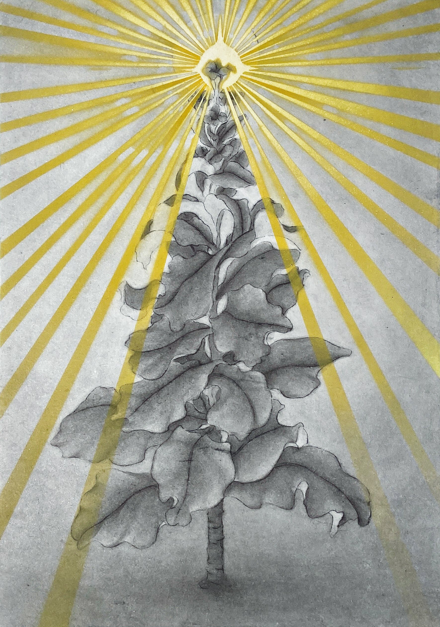 노한솔, 상추트리, 장지에 먹과 스프레이, 42x29.7cm, 2022