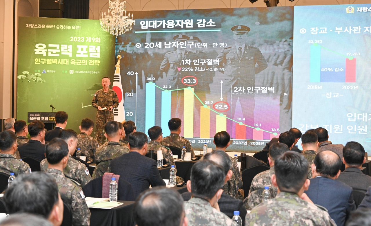 최성진(소장) 육군본부 정책실장이 세션 시작 전 병역자원 감소에 대비해 육군이 추진 중인 대응전략을 소개하고 있다.[육군 제공]