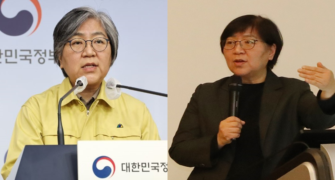 지난해 3월 28일 중앙방역대책본부 브리핑에서 발언 중인 정은경 전 질병관리청장(왼쪽부터)과 11월 28일 단국대병원에서 열린 초청강연에 나선 정 전 질병청장. 깔끔하게 염색한 현재 모습과 과거 흰머리가 수북하던 모습이 대비된다. [연합 및 단국대병원 제공]