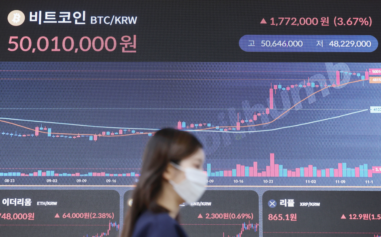 서울 서초구 빗썸 고객센터 전광판에 비트코인 실시간 거래 가격이 표시되고 있다. [연합뉴스]