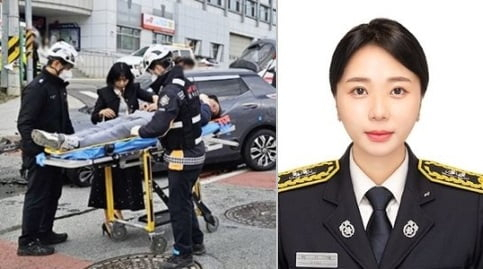 지난 2일 오후 박지혜 소방사가 충북 진천군 진천읍 진천소방서 앞 도로에서 발생한 교통사고와 관련해 환자들에게 응급조치를 하고 있다. [진천소방서]