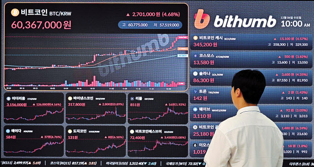 비트코인 가격이 한화 기준 6000만원대로 올라서며 가파른 상승흐름을 보이고 있다. 6일 서울 서초구 빗썸 강남센터에서 관계자가 비트코인 시세를 살펴보고 있다. 임세준 기자
