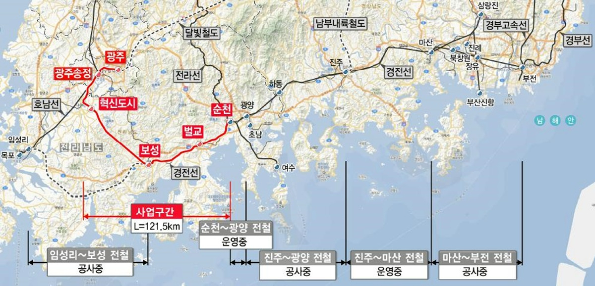 광주송정-순천 철도 노선 기본 계획도