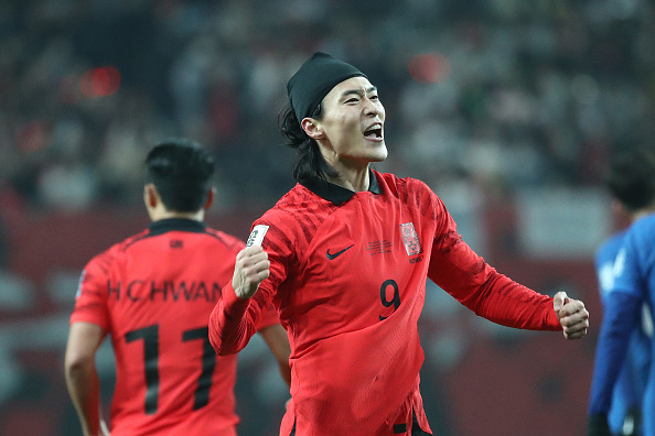 11월 16일 서울 마포구 서울월드컵경기장에서 열린 2026 북중미 월드컵 아시아지역 2차 예선 C조 1차전 한국과 싱가포르의 경기에서 선취골을 넣은 조규성이 환호하고 있다. [게티이미지]