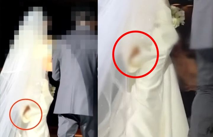 지난 2일 결혼식에서 버진로드를 걷던 신부의 웨딩드레스 뒷부분이 터졌다는 사연이 지난 12일 JTBC '사건반장'을 통해 보도됐다. [JTBC 사건반장]