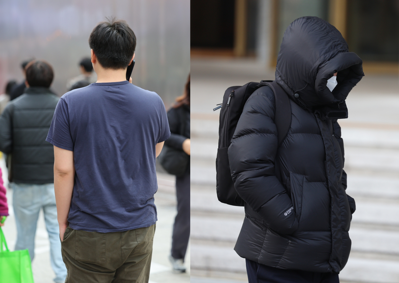 지난 8일 오후 서울 중구 명동 거리에서 반팔 차림으로 이동하는 시민(왼쪽)과 13일 아침 종로구 광화문네거리에서 외투모자를 쓴 시민 [연합]