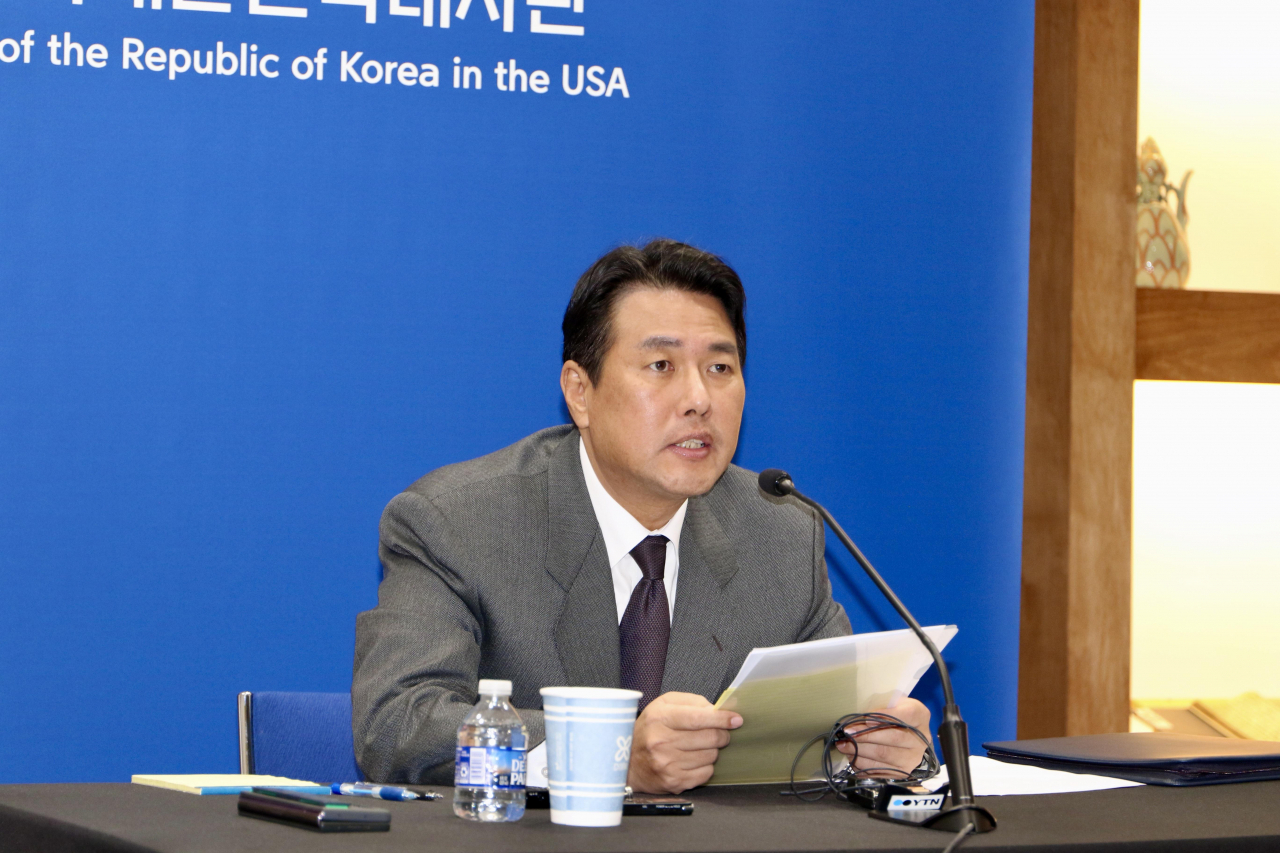 김태효 국가안보실 1차장이 15일(현지시간) 워싱턴DC 주미 한국대사관에서 언론 간담회를 하고 있다.[연합]