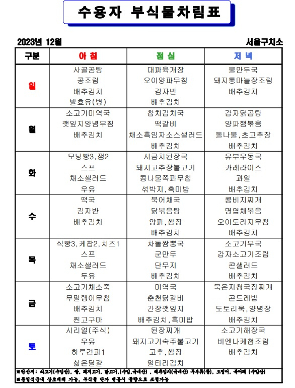 서울구치소 식단 [법무부 제공]