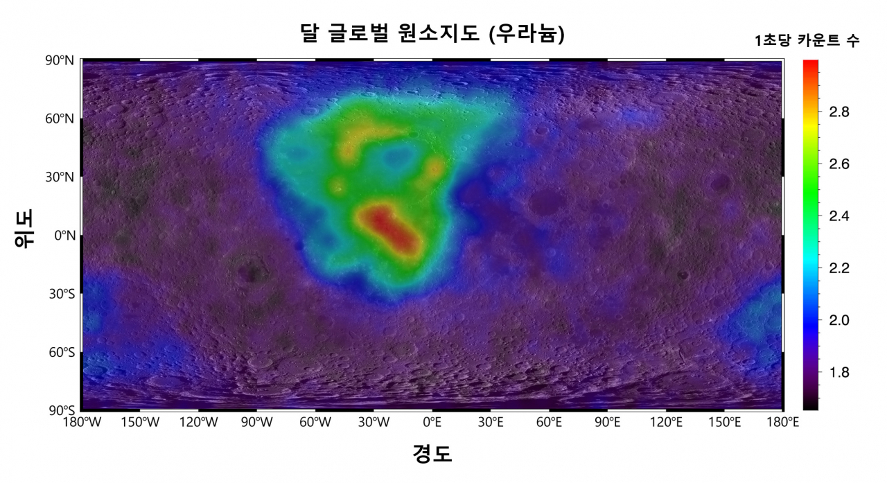 감마선 분광기 관측자료로 만든 우라늄 원소지도 초안.[과기정통부 제공]