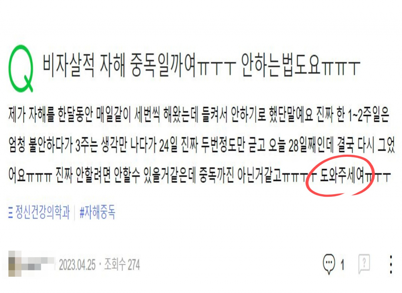포털사이트에서 자해 때문에 고생한다는 청소년. 도움을 청하고 있다. [네이버 지식인 캡처]