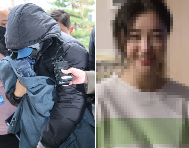 유흥업소 여실장과 함께 배우 고 이선균씨를 협박해 금품을 뜯은 혐의를 받는 20대 여성이 지난달 28일 오후 인천시 미추홀구 인천지법에서 열린 구속 전 피의자 심문(영장실질심사)에 출석하고 있다(왼쪽). 온라인 상에 공개된 그의 얼굴 사진. [연합· 유튜브 '카라큘라 범죄연구소' 캡처]