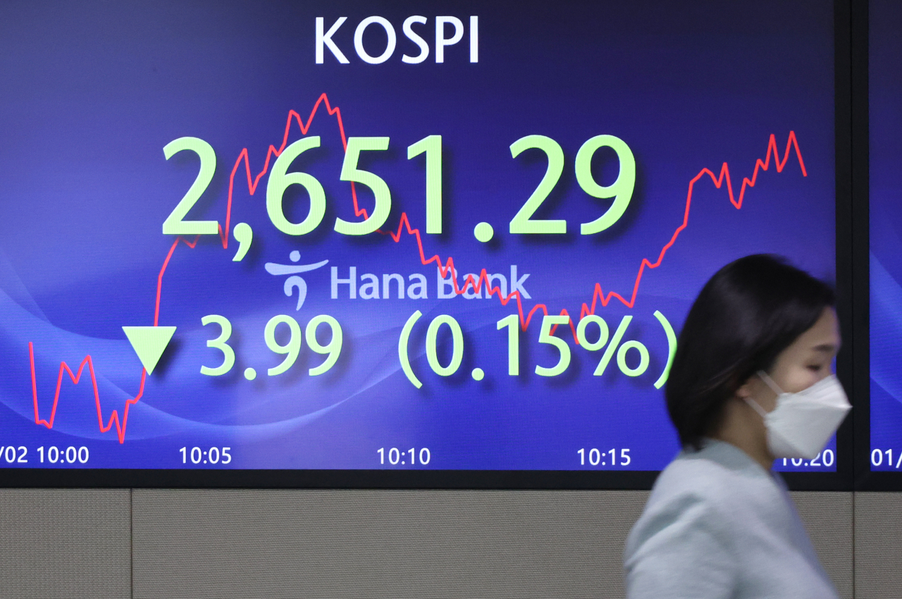 An electronic board showing the Korea Composite Stock Price Index at a dealing room of the Hana Bank headquarters in Seoul on Tuesday. (Yonhap)