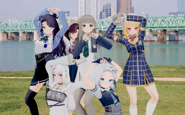 A screenshot of virtual girl group Isegye Idol's music video, "Kidding" (Youtube "Waktaverse")