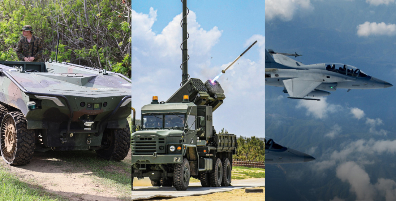 From left: Hanwha Aerospace‘s multipurpose unmanned ground vehicle Arion-SMET, LIG Nex1’s surface-to-ship missile Bigung and Korea Aerospace Industries‘ light fighter jet FA-50 (Provided by each company)