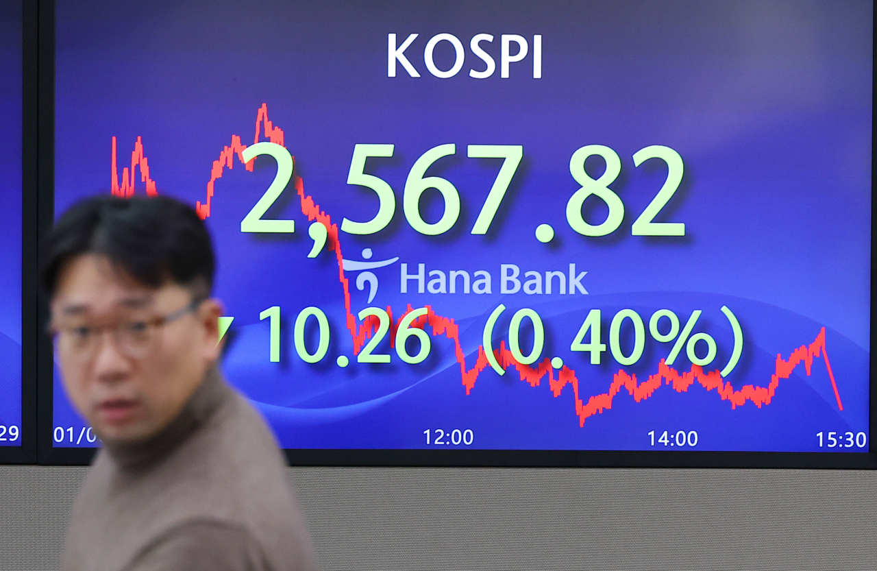 An electronic board showing the Korea Composite Stock Price Index at a dealing room of the Hana Bank headquarters in Seoul on Monday. (Yonhap)