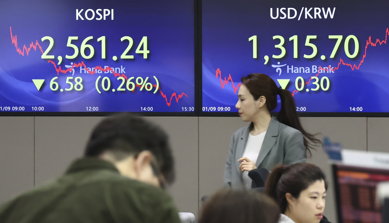 코스피 종가가 전장보다 6.58포인트(0.26%) 내린 2561.24로 집계된 9일 오후 서울 중구 하나은행 딜링룸에서 딜러가 업무를 보고 있다. 연합뉴스