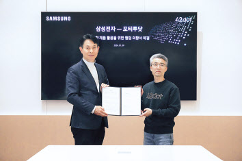 송창현(오른쪽) 포티투닷 대표 겸 현대차·기아 SDV본부 사장과 박용인 삼성전자 시스템LSI 사장이 인공지능 기반 SDV(소프트웨어 중심차량) 플랫폼 개발 업무협약을 체결하고 있다. [포티투닷 제공]