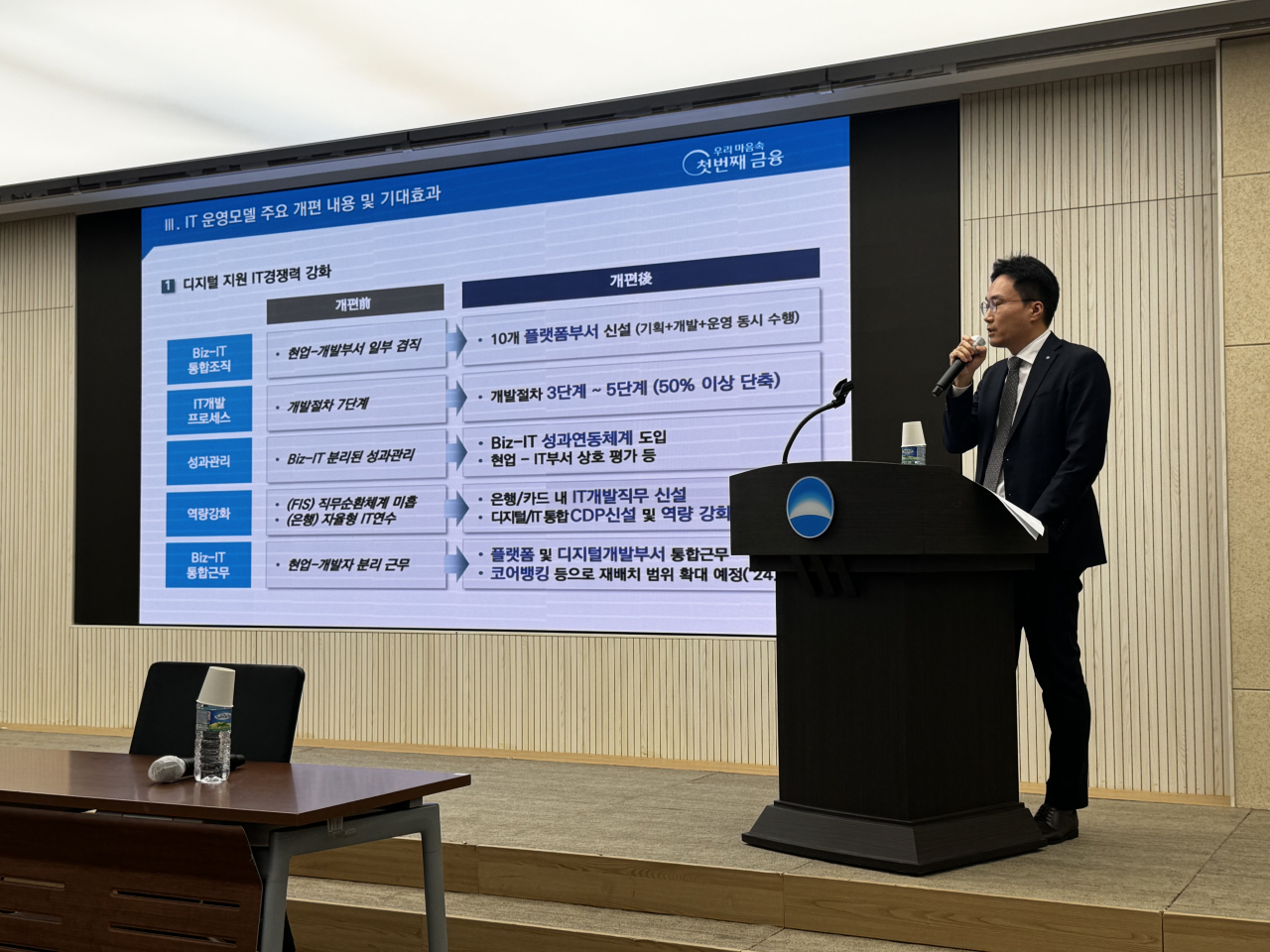 11일 오전 서울 중구 우리금융 본사에서 열린 IT거버넌스 개편 기자간담회에서 옥일진 우리금융 디지털혁신 부사장이 발표하고 있다. 김광우 기자.