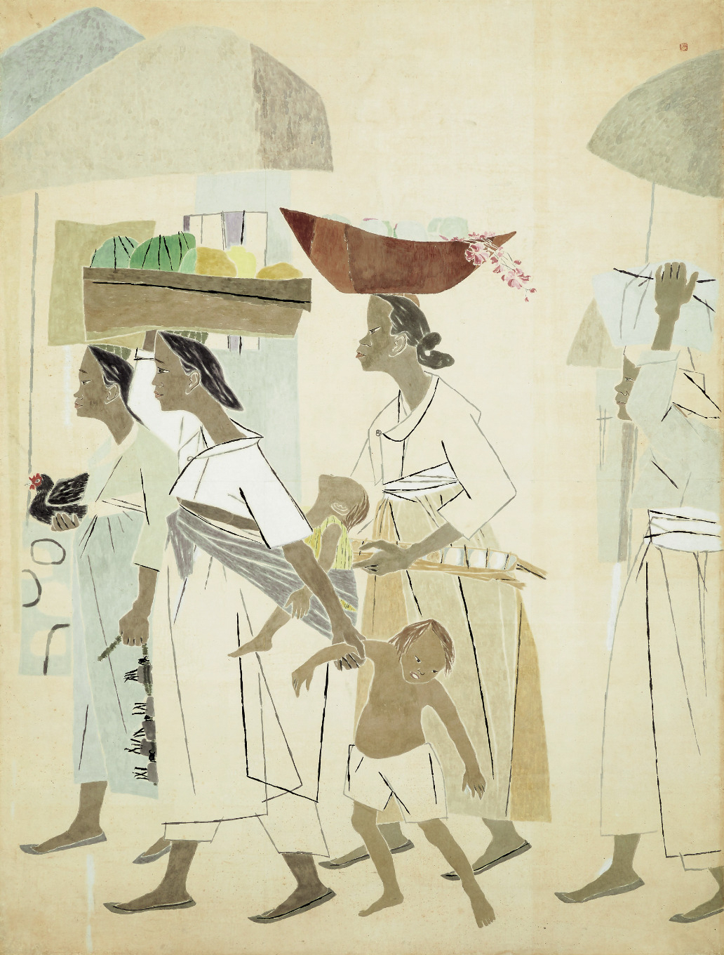 박래현, 이른 아침, ink and color on paper, 240.7&times;182cm, 1956. [서울옥션 제공]