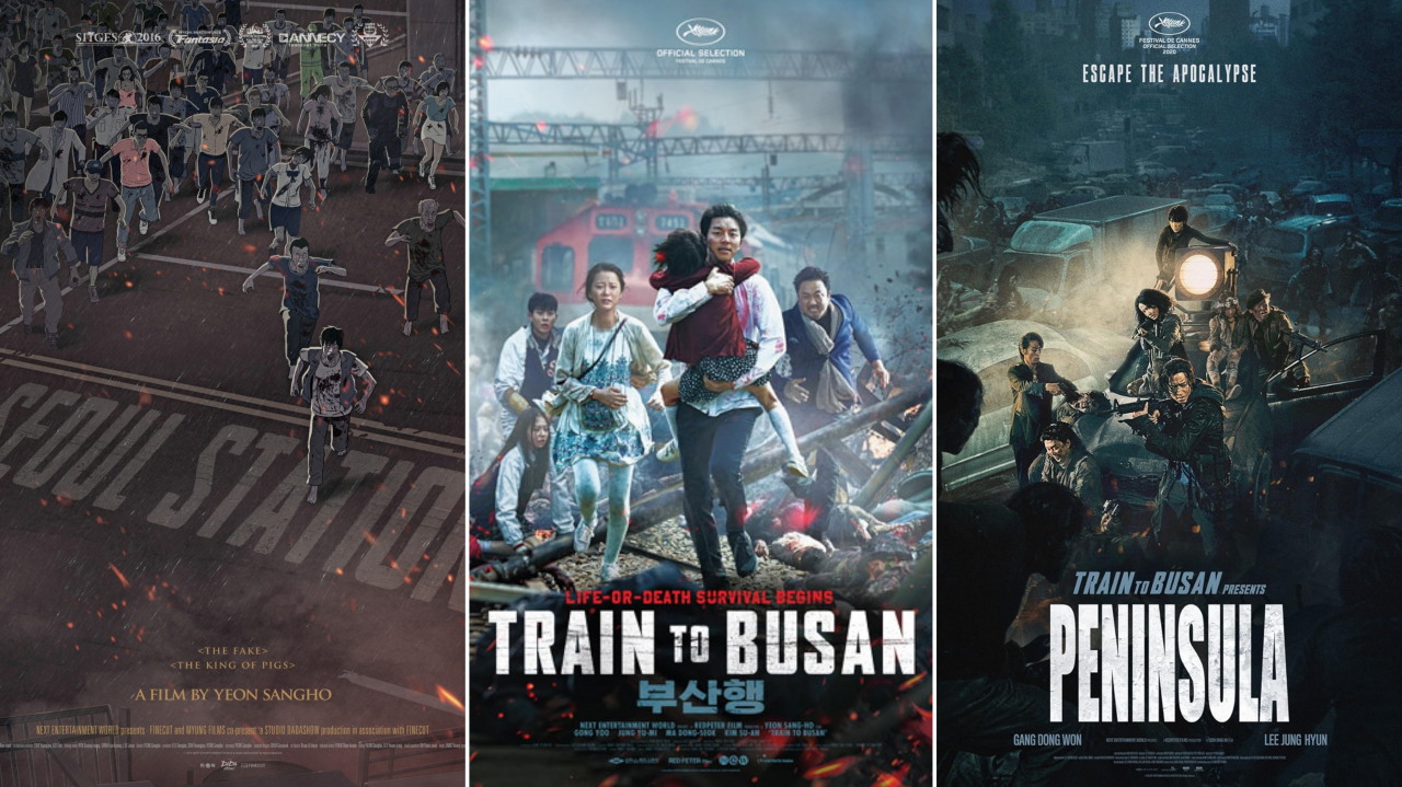From left: posters for “Seoul Station,” “Train to Busan” and “Peninsula” (Next Entertainment World)