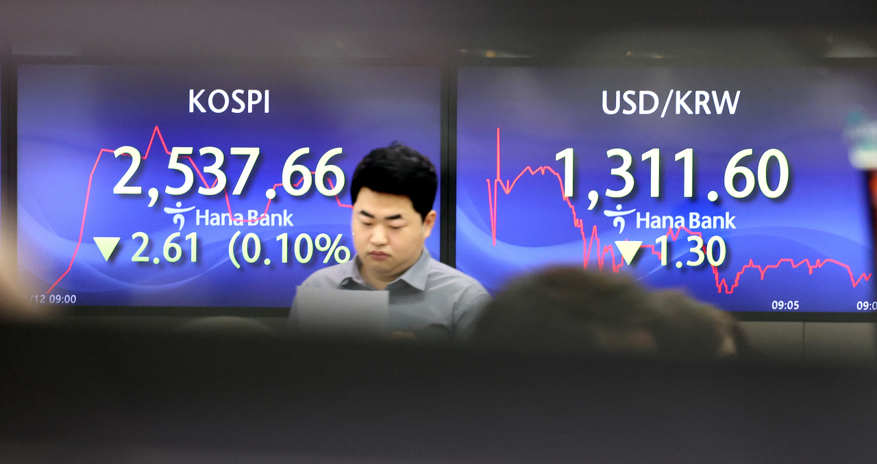 An electronic board showing the Korea Composite Stock Price Index at a dealing room of the Hana Bank headquarters in Seoul on Friday. (Yonhap)